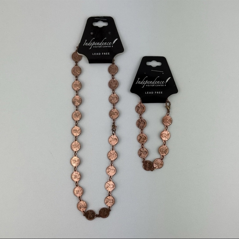 Vintage Y2K Copper Miniature Lincoln Penny Coin Beaded Charm Necklace + Bracelet